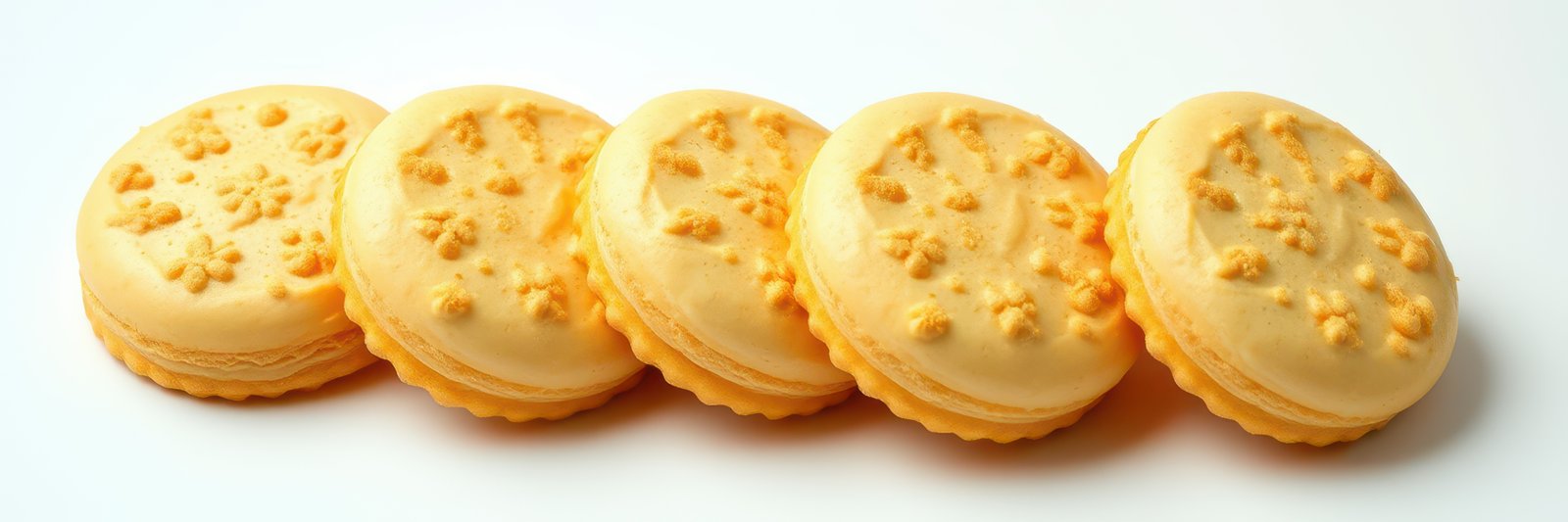 Delightful yellow cookies arranged in a row showcasing decorative floral patterns on a white background